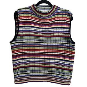 Vintage St John Sport Marie Gray Striped Sweater Vest Top Gold Logo L